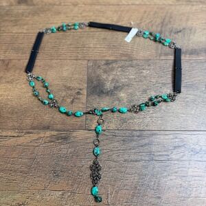 Turquoise Stone Black Leather Chain Belt Rhinestone Drop Size M/L